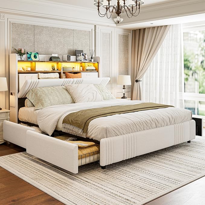 IKIFLY 49.2” Tall California King Bed Frames with 4 Storage Drawers, Upholstered Wingback Hidden Storage Headboard with LED Lights & Charging Station, No Box Spring Needed, Noise Free, White