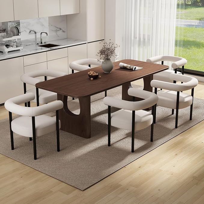 Mid-Century Modern Dining Chairs Set of 6, Armrest Barrel Dining Chairs Side Accent Chairs with Curved Back, Upholstered Wood Armchairs for Kitchen, Linen Beige