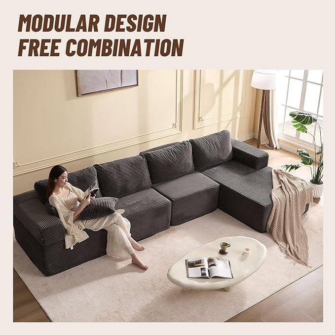 138" Boneless Couch with Deep Seat, Modular Sectional Sofa, Cloud Sectional Couch for Living Room, No Assembly Required, Corduroy, 4 Seater L-Shape Right, Grey