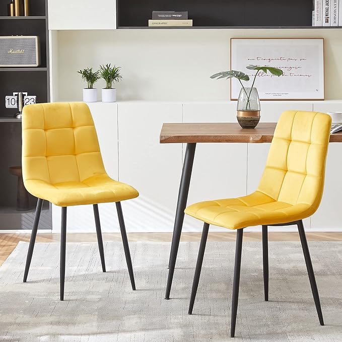 NORDICANA Yellow Velvet Dinner Chairs Set of 6, Modern Armless Biscuit Tufted Dining Side Chairs with Metal Legs for Kitchen Living Room Vanity