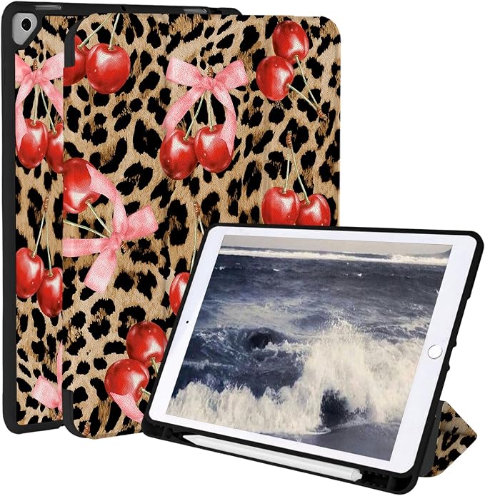 Case for iPad 9th/ 8th/ 7th Generation Case 10.2&amp10.5 Inch (2021/2020/2019 Release) Slim Lightweight Soft Trifold Back Cover with Pencil Holder &amp Auto Sleep/Wake Cover Cherries Cheetah Bows