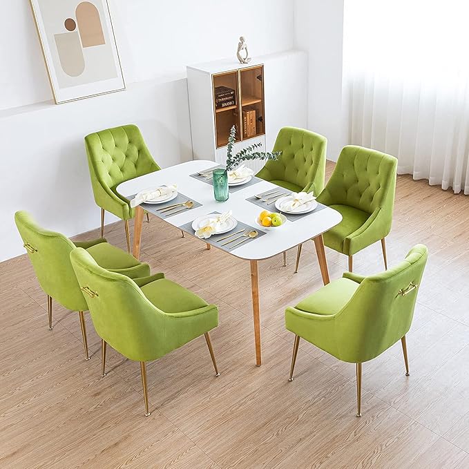 Modern Dining Chair Set of 4, Mid-Century Room Chair, Upholstered Comfortable Velvet with Back Pull Rod and Metal Legs for Kitchen, Living (Yellow-Green) (DYXSD)
