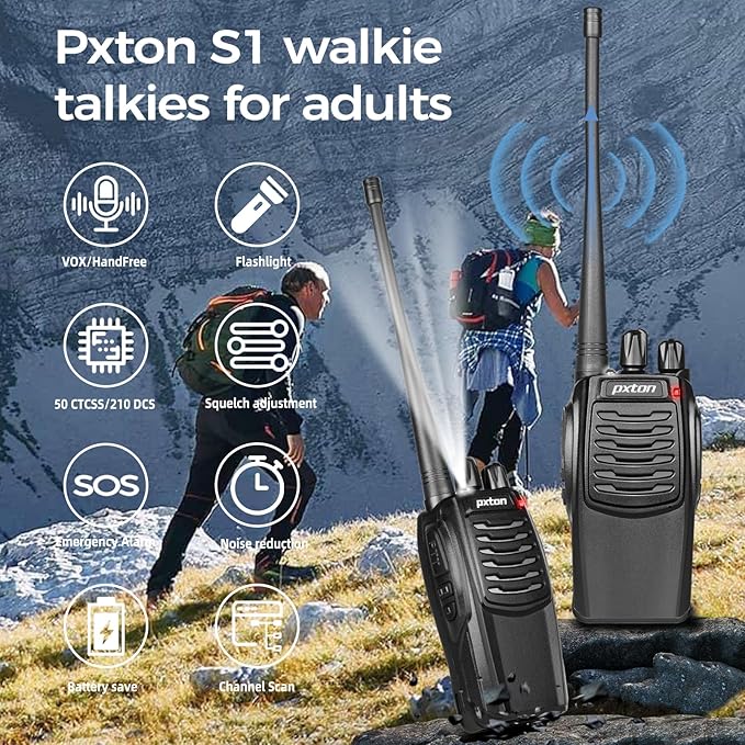 pxton S1 walkie talkies for Adults with earpieces and Rechargeable 1500mAh Li-ion Battery，walkie Talkie has VOX，TOT，Emergency Alarm，Battery Low Alert，Flashlight，Scan Function（2 Pack）