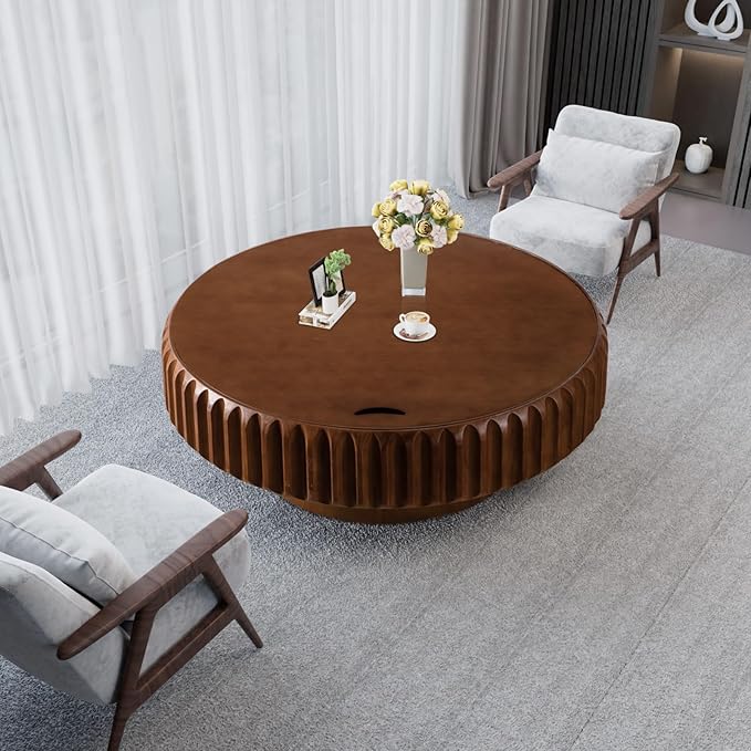 Round Coffee Table with Hidden Storage, Modern Circle Coffee Tables Handcraft Fluted Drum Coffee Table with Solid Wood Relief, Mid Century Center Table for Living Room Apartment (Walnut 39.37 Inch)
