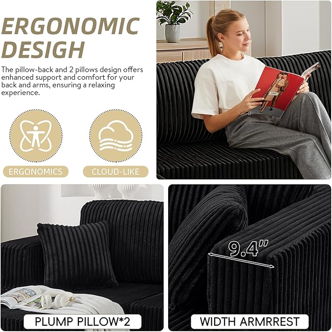 134 Inch Cloud Sectional Couch for Living Room,Corduroy Boneless Couches with L-Shape Chaise,Modern Modular Sectional Sofa with Deep Seat,No Assembly Required (Black, U-Shaped Sofa)