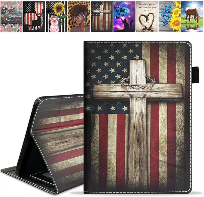 Case for All-New Amazon Kindle Fire 7 Tablet (7 Display 12th Generation 2022 Release) Premium PU Leather Stand Cover with Smart Auto Wake American Flag and Cross