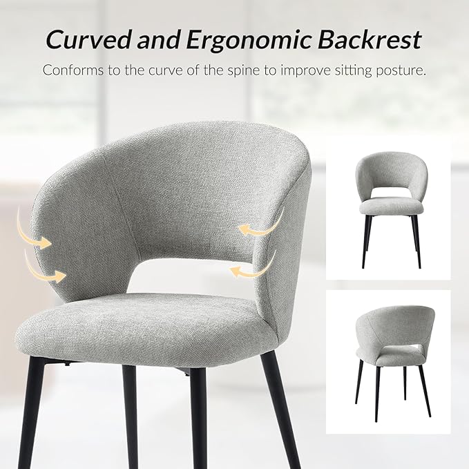 Contemporary Dining Chairs with Armrests – Ergonomic Soft-Padded Seat, Curved Backrest, Matte Black Metal Legs, Comfortable Kitchen & Dining Room Chairs, Set of 2