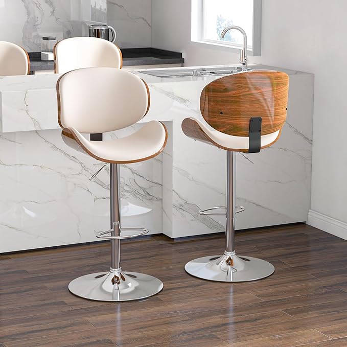 Adjustable Swivel Bar Stools Set of 3, Modern Bentwood Barstool with Large Metal Base and Footrest, PU Leather Upholstered Bar Chair with Curved Back for Kitchen Island Dining Room, White
