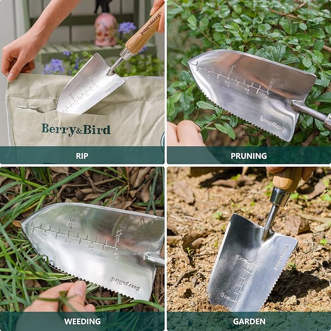 Berry&Bird Garden Serrated Planting Trowel, Multifunctional Shovel with ash Wood and Stainless Steel Digging Trowel Transplanter
