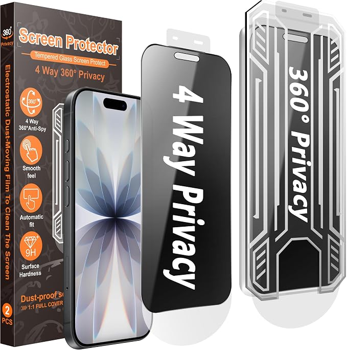 [2-Pack] 360° 4-Way Privacy Screen Protector Compatible with iPhone 17 Pro Max. Full Surround Anti-Spy 9H Hardness Anti-Fingerprint Bubble-Free. Includes Dust-Free Applicator &amp Replacement Fil