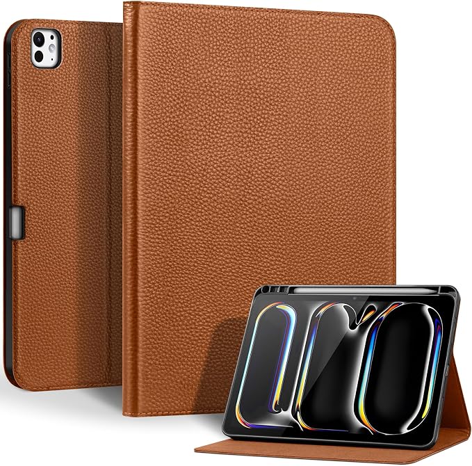 Genuine Leather Case for iPad 11th Gen 11/10th Gen 10.9 Black | Pencil Holder Adjustable Stand Auto Wake/Sleep Shockproof