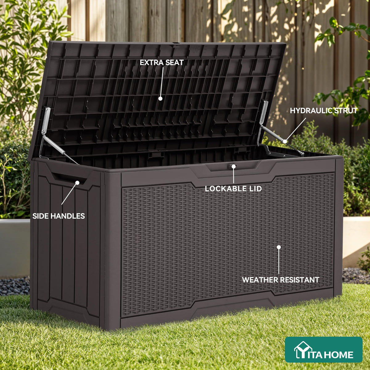 YITAHOME 80 Gallon Resin Deck Box, Weather Resistant Outdoor Rattan Storage Box, Lockable Indoor Outdoor Storage for Supplies and Essentials, Dark Brown