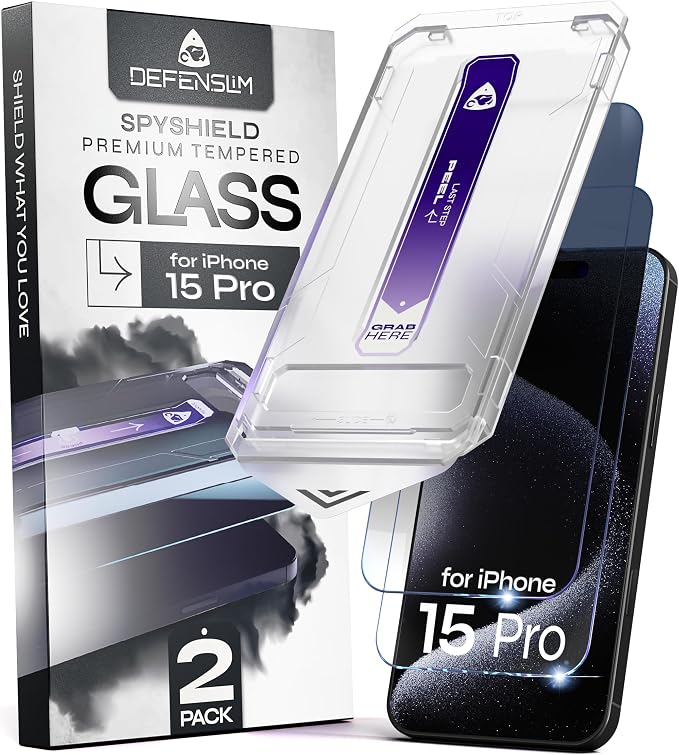 Defenslim for iPhone 15 Pro Privacy Screen Protector (2Pack) Easy Auto-Dust &amp Align Install Kit 6.1 Tempered Glass 9H Hardness Privacy Protection Case Friendly SpyShield