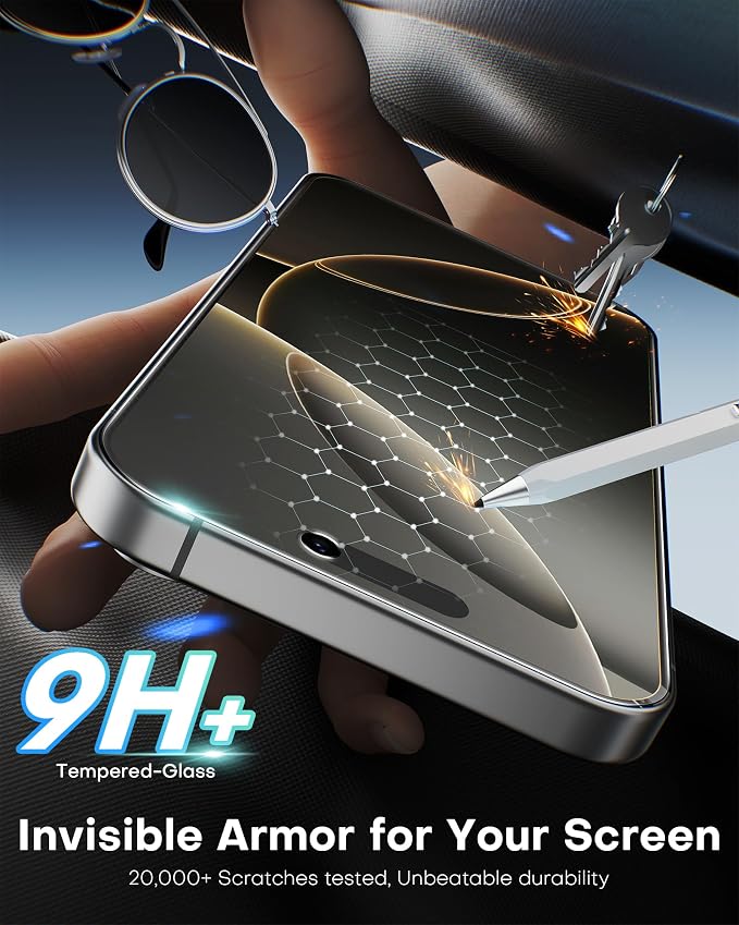OMOTON Privacy Screen Protector for iPhone 16 Pro Max [Auto-Align Installation] Tempered Glass with 9H+ Hardness &amp 12FT Military Grade Shatterproof 100% Anti-Spy Full Coverage Protection 2 Pac