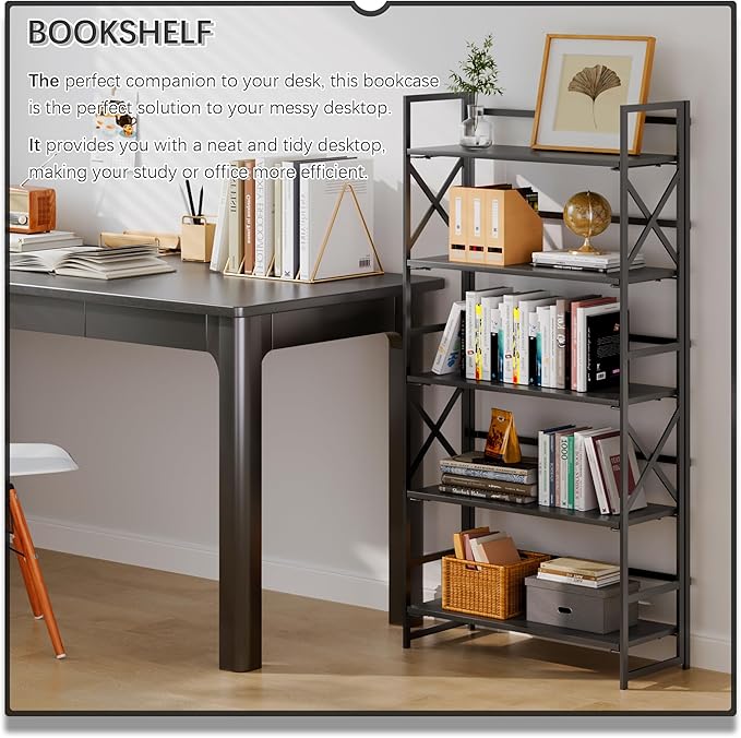 4NM 5 Tiers No Assembly Book Shelves, 51.2" H Folding Bookshelf Bookcase Open Industrial Foldable Shelves for Bedroom, Living Room, Home Office - All Black