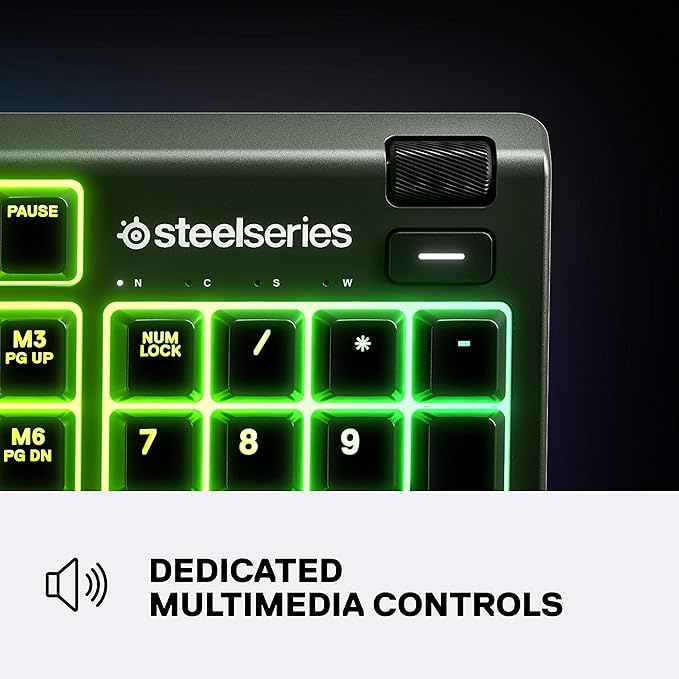 SteelSeries Apex 3 RGB Gaming Keyboard – 10-Zone RGB Illumination – IP32 Water Resistant – Premium Magnetic Wrist Rest (Whisper Quiet Gaming Switch) (Renewed)