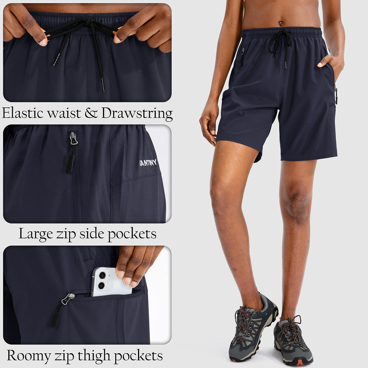 SANTINY Women's 5''/ 7''/9'' Hiking Cargo Shorts Quick Dry Lightweight Summer Shorts for Women Athletic Golf Zipper Pockets(Navy_M)
