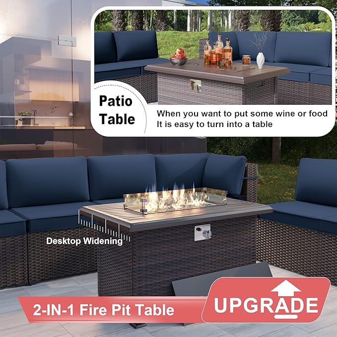 Kurapika 7 Pieces Patio Furniture Set, Rattan Outdoor Conversation Sets w/43in Propane Fire Pit Table and 4 Inch Cushion(Navy Blue)