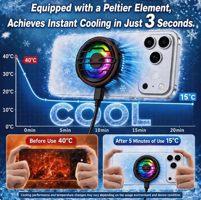 Magnetic Phone Cooler with 15w Fast Wireless Phone Charger Funtion | RGB LED