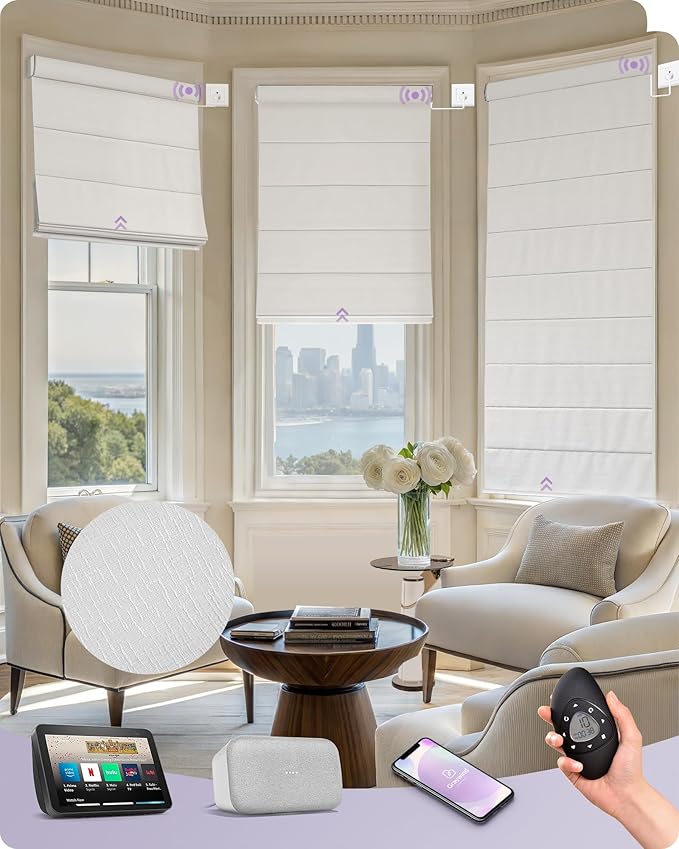 Graywind Smart Roman Shades Compatible with Alexa Google WiFi Hardwired Automatic Blinds with Remote Blackout Plain Fold Soft Roman Window Shades for Windows Doors, Custom Size (Matelasse White)