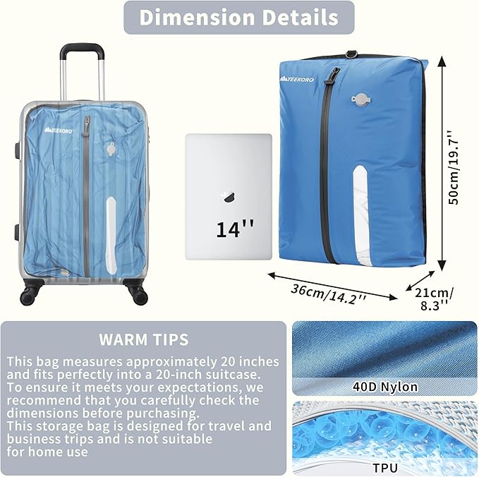 YEEKORO Vacuum Bag for Travel, Professional IPX8 Waterproof Reusable Vacuum Compression Bags for Travel Suitcases, Durable Space Saver Bag(2 PACK,With Pump)