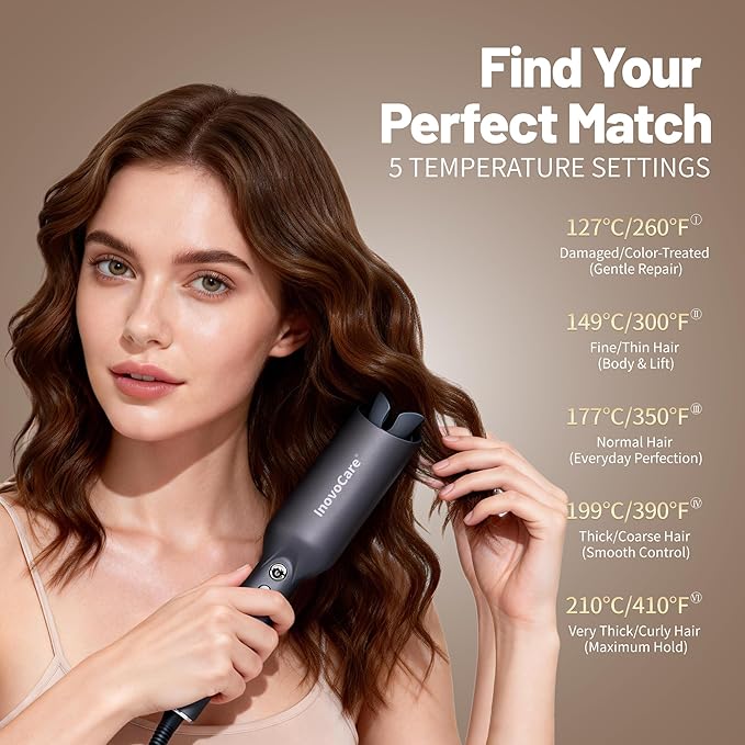 Inovocare Upgraded Automatic Rotating Curling Iron - CurlPro Plus Long Barrel Curling Wand for Long Hair, Ceramic Hair Curler for Women, Anti-Scald, Tangle-Free, 600M Ionic, Dual Voltage (Dark Grey)