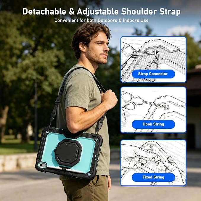 Case for iPad (A16) 11th/10th Generation 11/10.9 2025/2022 Black | Full-body Heavy Duty iPad A16 Case for Adults Kids with Screen Protector 360° Rotating Stand Shoulder Strap Pencil Holder