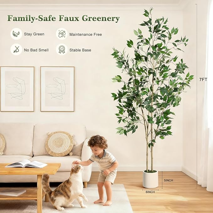 7FT Ficus Trees Artificial Indoor, Faux Silk Plant with Natural Wood Trunk and Lifelike Fruits, White Imitation Ceramic Planter with Green Fake Moss for Modern Home Office Living Room Decor