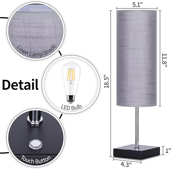 AVV Cordless Table Lamp, 5000mAh Battery Operated Lamp for Night Stand, 3 Modes Battery Powered Wireless Table Lamp, Touch Control Rechargeable Lamp for Bedroom, Living Room, 18 Inch Grey