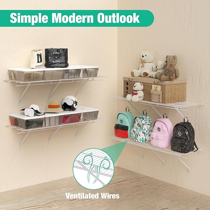 HAUSHOF Closet Shelves Wall Mounted 4-Pack, 4ft x 16in White Metal Wire Shelving for Laundry Room, Closet, Basement Organization and Storage