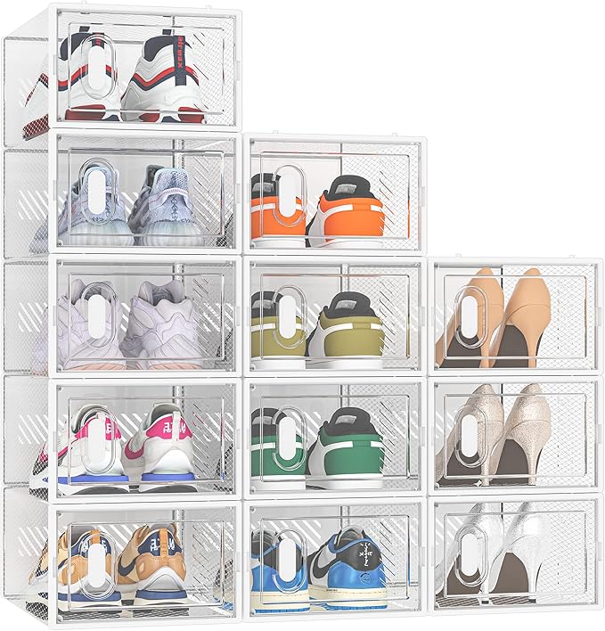 SIMPDIY Shoe Storage, 12 Pack Shoe Organizer for Closet, Shoe Boxes Clear Plastic Stackable Shoe Containers with Lids for Size 10