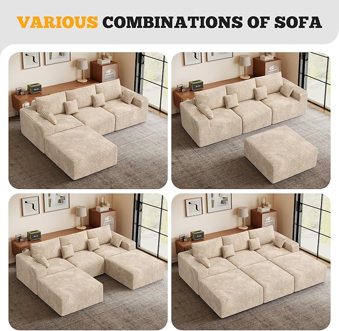 113" Modular Sectional Sofa, Convertible U-Shaped Cloud Couches for Living Room with Ottoman, 5 Seater Corduroy Boneless Couch Sofa Set, No Assembly Required, Khaki 1 PCS