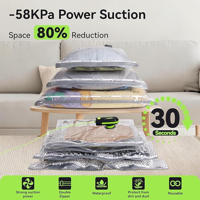 Travel Vacuum Bags with USB & TYPE C Pump, 9 Pack Carry-On Vacuum Storage Bags for Luggage & Suitcase, Vacuum Luggage Bags, Space Saver for Clothes & Travel(Green)