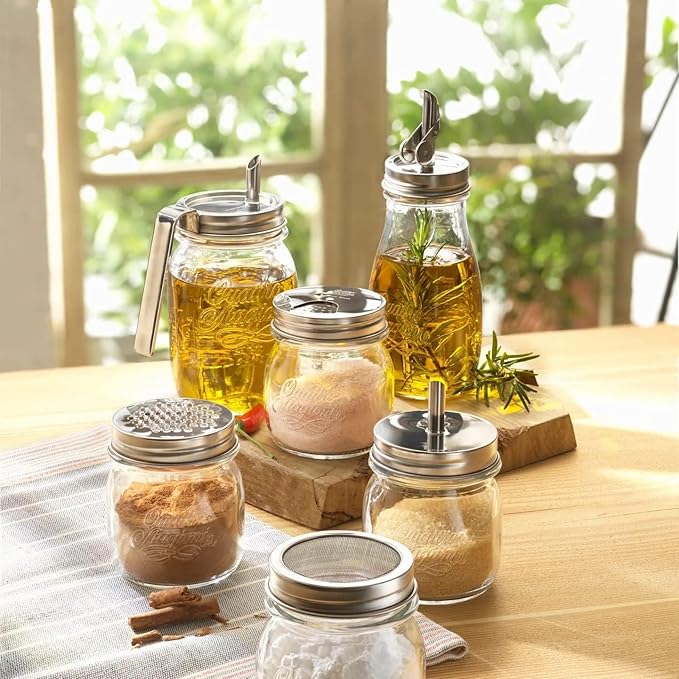 Bormioli Rocco Quattro Stagioni Mason Jar with Salt Shaker Lid - ClearSilver, Set of 2