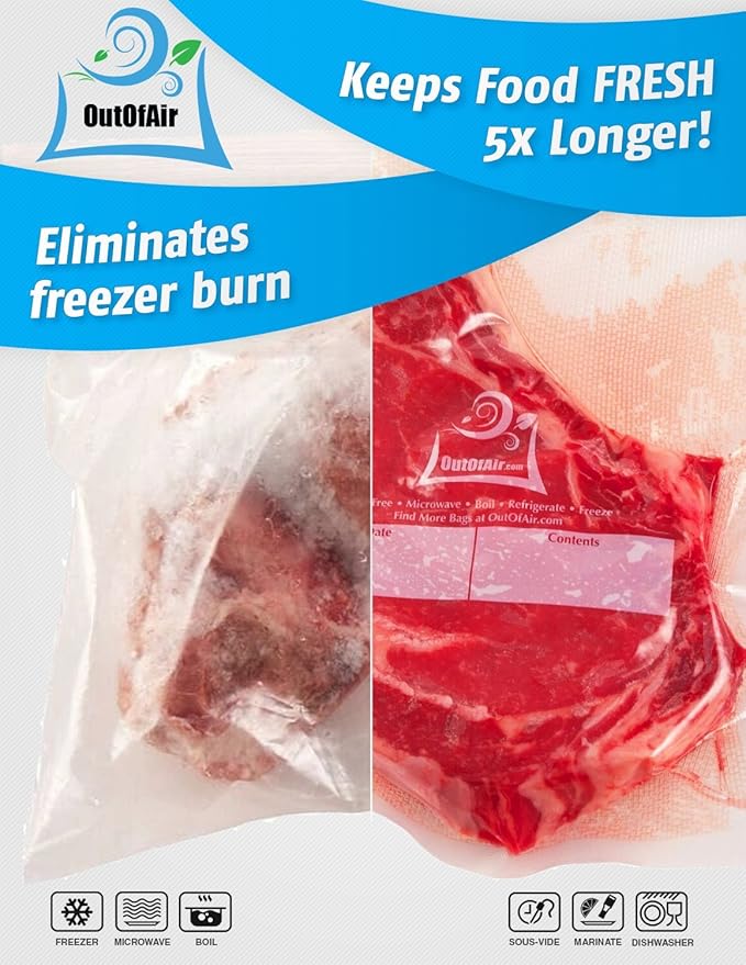 8" x 25' Rolls (Fits Inside Machine) - BULK 8 Pack (200 ft total) OutOfAir Vacuum Sealer Rolls Works With FoodSaver & Other Machines, 33% Thicker BPA Free Sous Vide Commercial Grade Bags