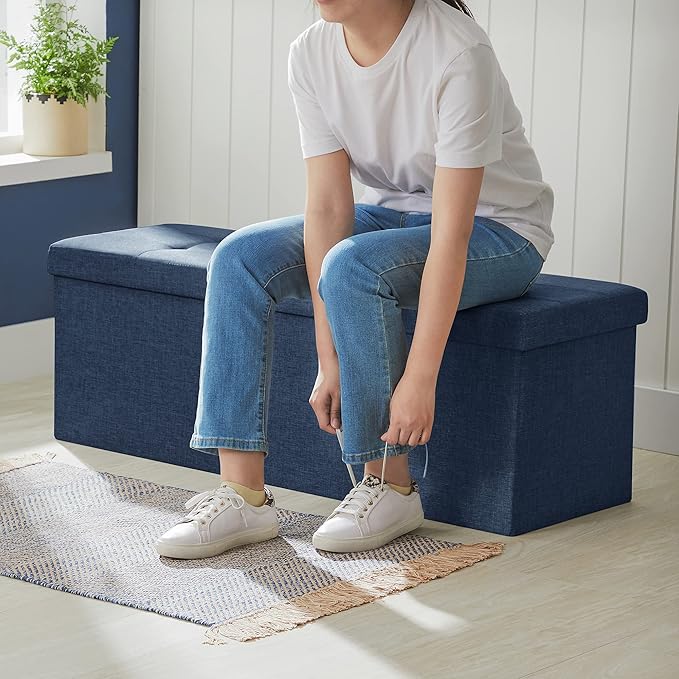 SONGMICS 43 Inches Folding Storage Ottoman Bench, Set of 2, Storage Chest, Foot Rest Stool, Bedroom Bench with Storage, Dark Blue, ULSF432Q01