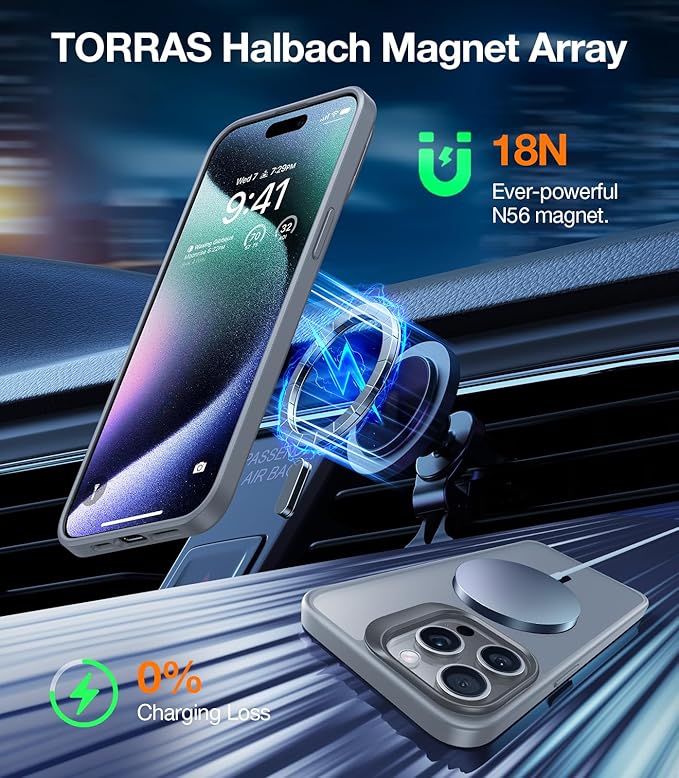 TORRAS Magnetic for iPhone 15 Pro Max Case [Compatible with MagSafe][Military-Grade Protection][Built-in Invisible Stand] Slim Hard Back Soft Edge, Natural Titanium