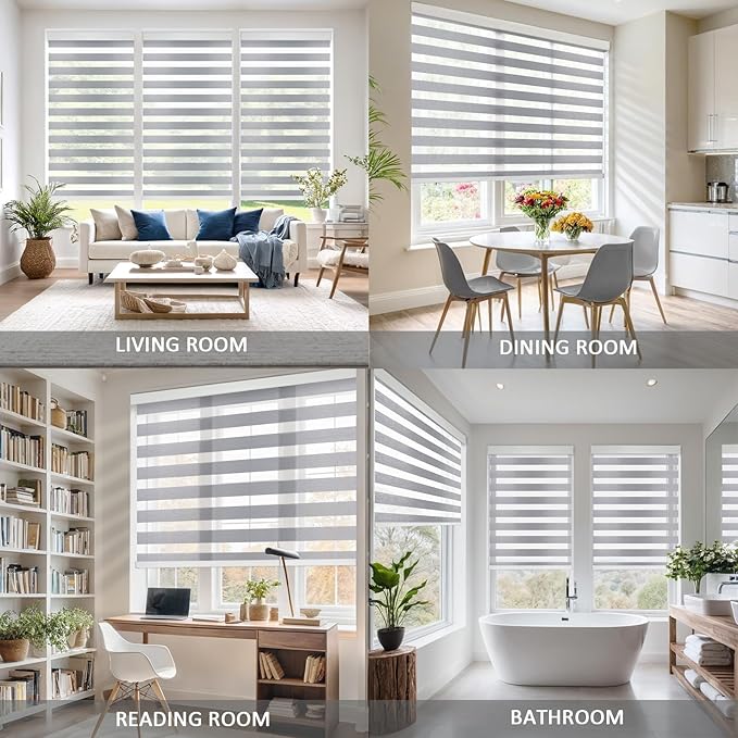 COOLWINDS Motorized Zebra Blinds for Windows Cordless Electric Curtains with Remote Control Blackout Shades Custom Smart Blinds Compatible with Alexa Google Home(Light Filtering Grey,Custom)
