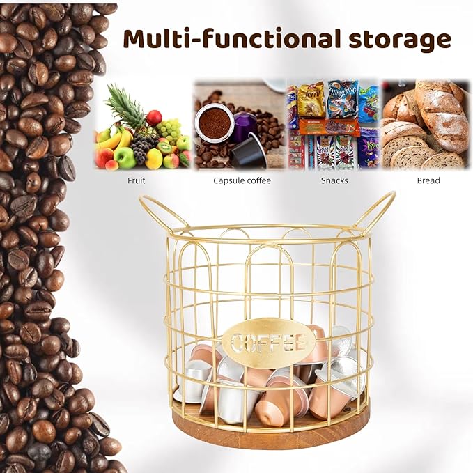 Coffee Pod Holder, Large Capacity K Cup Holder Organizer,Big Metal Kcup Capsule Storage Basket with Wooden Base, Coffee Bar Decor Station Accessories for Kitchen Counter Office Desktop (Gold)