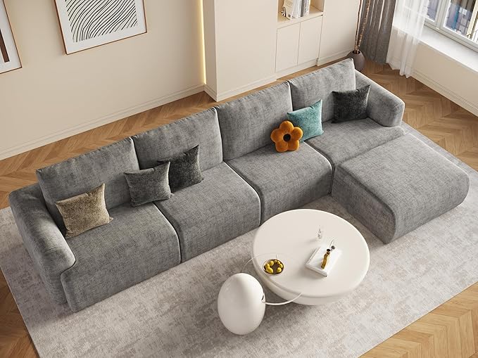 EASE MOOSE Cloud Couch Sectional Sofa, Large L-Shaped Oversized Modular Couch for Living Room, Minimalist Boneless Couches with Ottoman, 5-Seat Deep Sofas for Bedroom, Chenille (Light Grey)