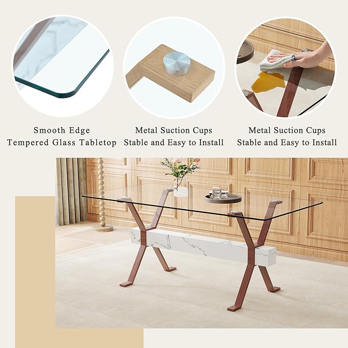 Glass Dining Table 71"｜Modern Dining Table for 6｜0.4" Thick Tempered Glass Top｜Walnut Pattern Metal Legs｜Marble Crossbar｜Easy Assembly｜Perfect for Dining Room or Kitchen