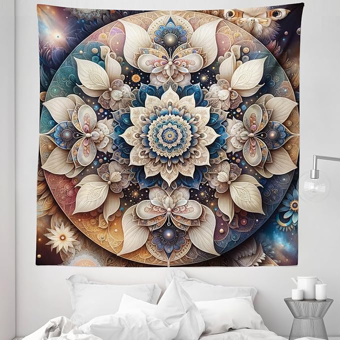 Ambesonne Mandala Tapestry Queen Size, Dreamy Composition of Astral Atmosphere Blooming Trippy Floral Boho, Wall Hanging Bedspread Bed Cover Wall Decor, 88" X 88", Eggshell Sea Blue Indigo