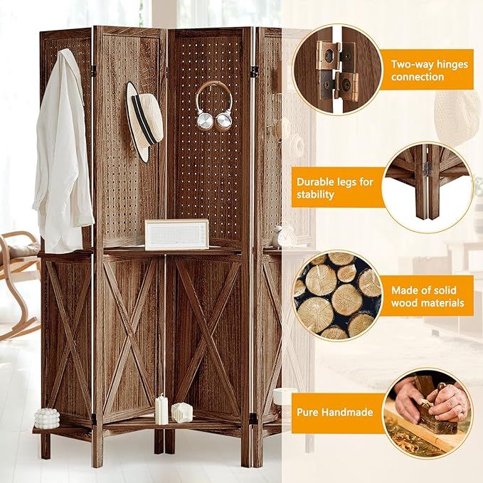 Aleesing 4 Panel Pegboard Display with 16 Hooks, Wooden Pegboard Room Divider Wall with Shelf, Partition Room Dividers and Folding Privacy Screens, Bedroom, Jewelry Store, Brown