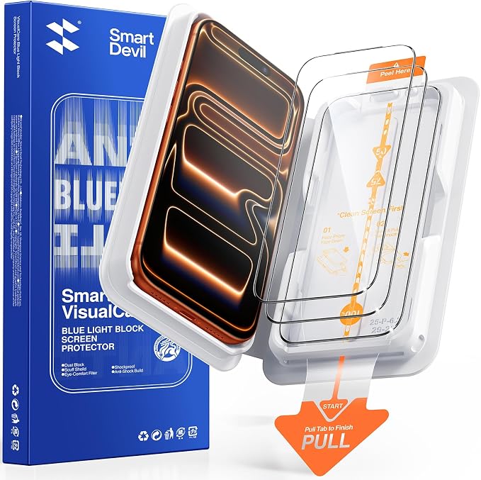 SMARTDEVIL 3 Pack Tempered Glass for iPhone 17 Screen Protector Anti Blue Light Eye Protection SGS Military-Grade Shatterproof Fast &amp Easy Installation Case Friendly Design