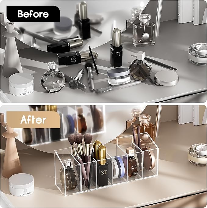 Acrylic 6-Compartment Makeup Organizer 2PCS, Transparent Plastic Makeup Brush Holder, Perfect Bathroom Vanity Storage Solution for Makeup Brushes, Eyebrow Pencils, and More