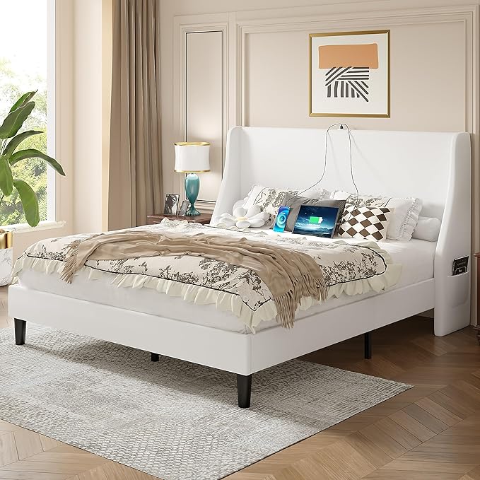 VECELO Queen Bed Frame with Upholstered Wingback Headboard, Heavy-Duty Platform Bedframe with Charging Station, Wooden Slats, No Box Spring Needed, White