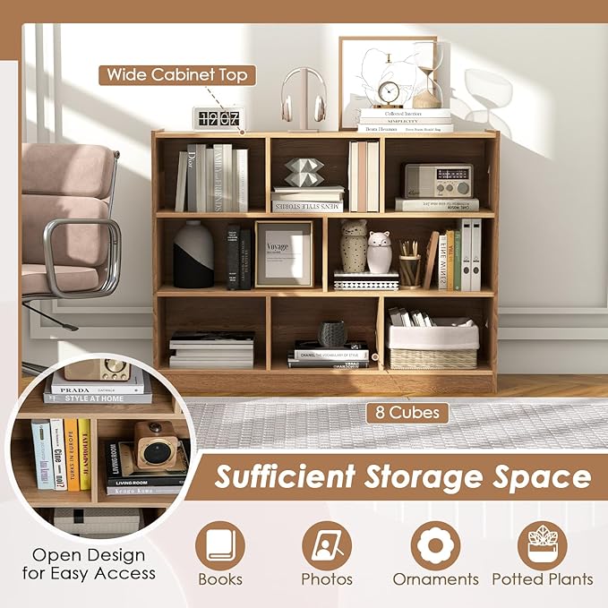NAFORT 8-Cube Organizer Storage Cabinet, 3-Tier Bookshelf,Low Displaycase, Wooden Bookcase for Bedroom/Preschook/Classroom/Office, Natural