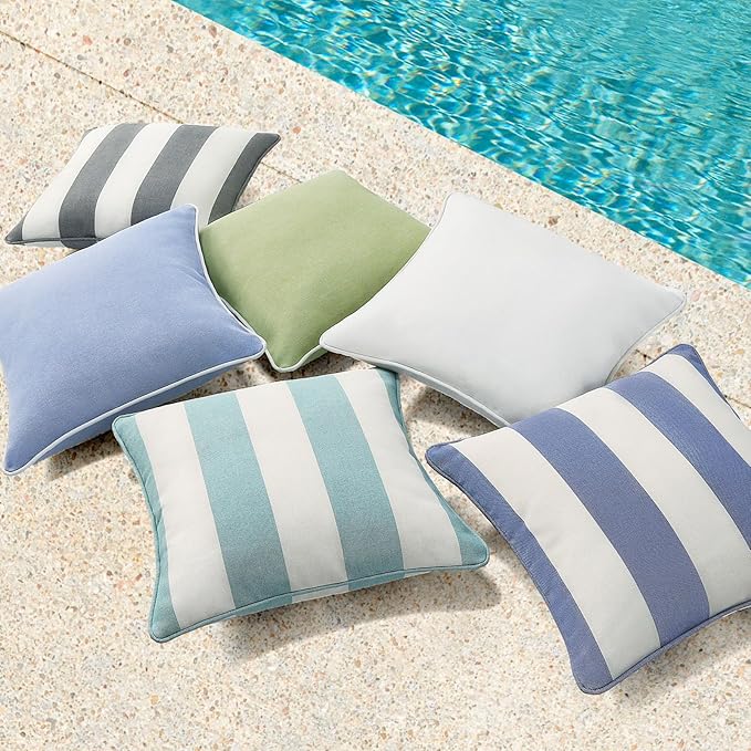 Decorative Outdoor Water Repellent Throw Pillows with Inserts, Set of 4, 18" x18" Pillows for Patio, Backyard, Bed, Couch, and Patio Furniture, Navy Stripe