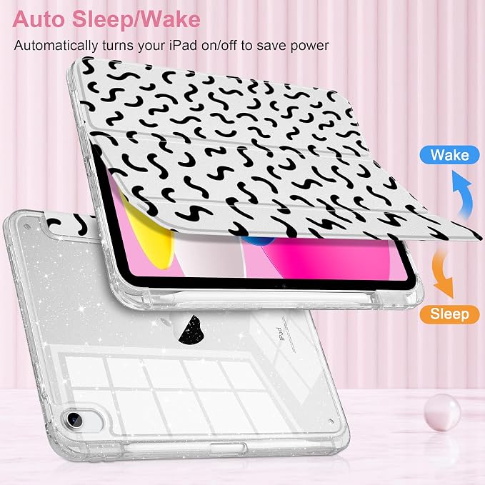 MEEgoodo Case for iPad A16 11th Generation 2025/10th Generation 2022 Glitter Tablet Cases with Transparent Acrylic Back+Trifold Stand +Pencil Holder+Auto Wake/SleepAbstract Sun &amp Palm Tree
