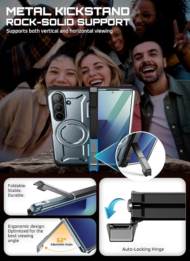 SUPCASE for Samsung Galaxy Z Fold 7 Case with Kickstand Azure | Compatible with MagSafe Tempered Glass Screen Protector Military-Grade Protection Hinge Coverage Unicorn Beetle Grip